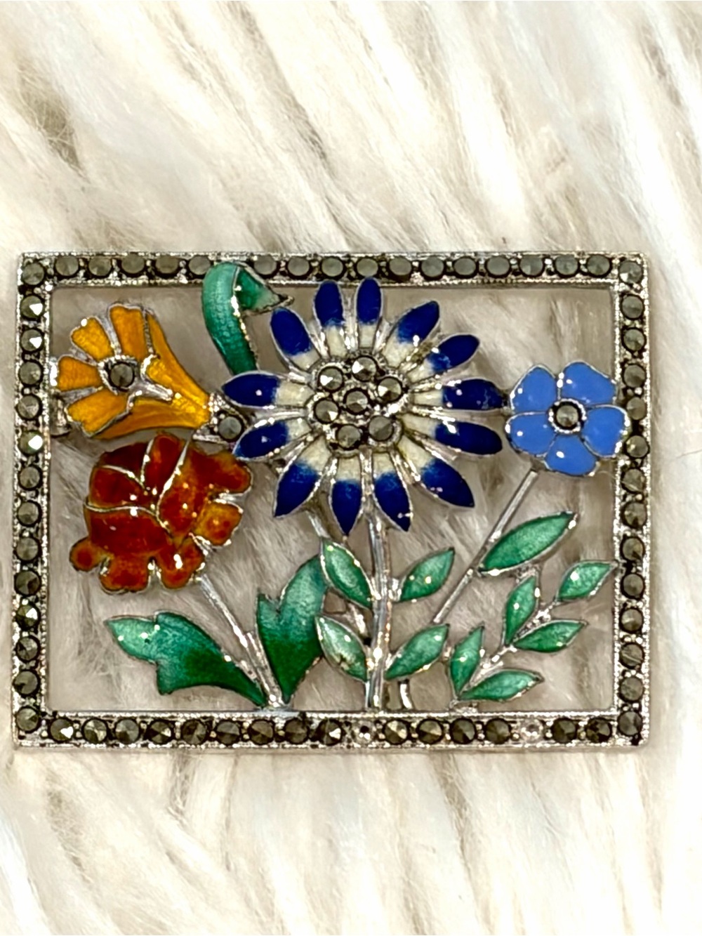 Vintage Art Deco Sterling Silver Multicolor Enamel Marcasite Floral Brooch Pin